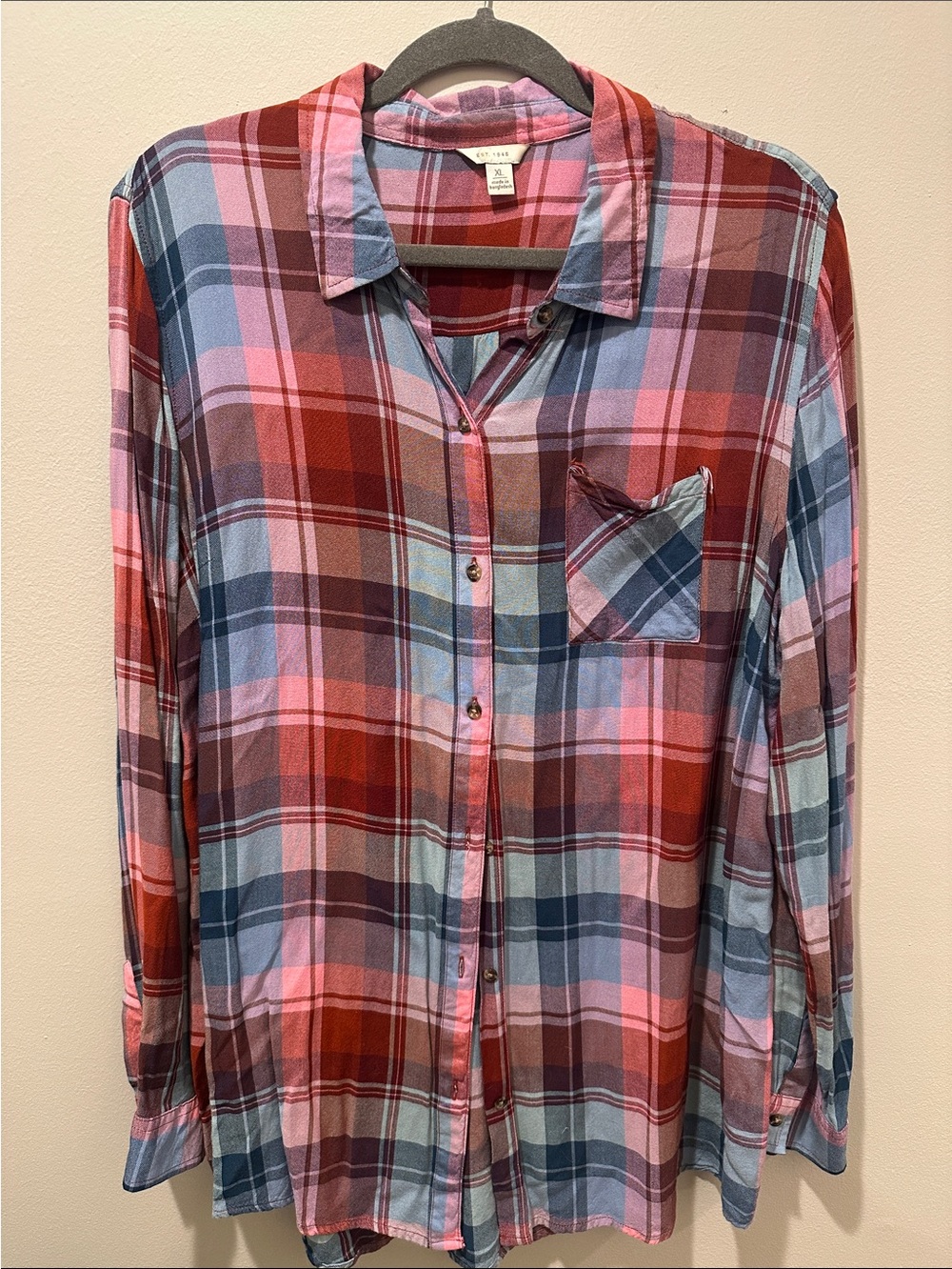 Cato Pink Red Blue Plaid Button-Up Blouse